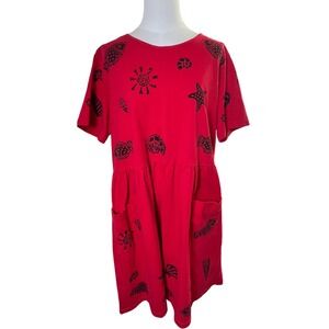 Viva City Red Cotton Beach Nautical Print Casual Dress Pockets Size L